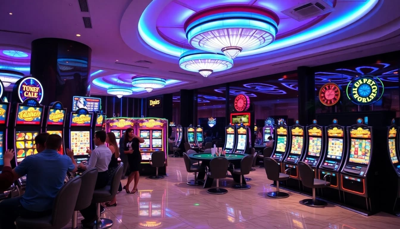 Play thrilling slot online games in a vibrant casino atmosphere with excited players and classic tables.
