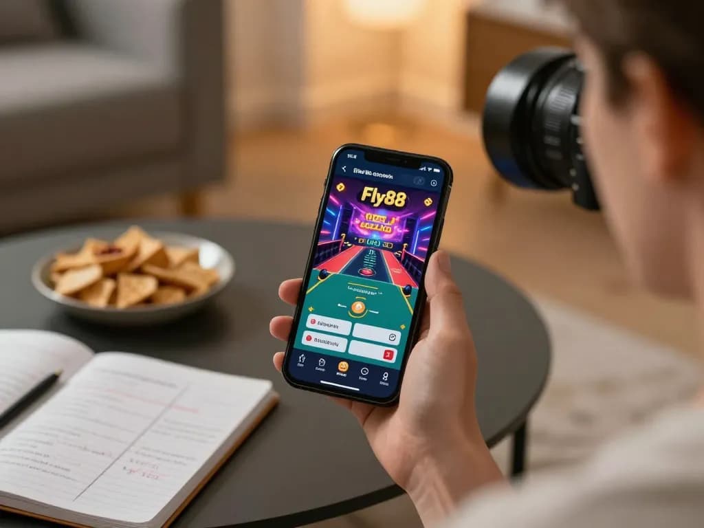 Player engaging with Fly88 com app on smartphone in cozy atmosphere, showcasing responsible gambling