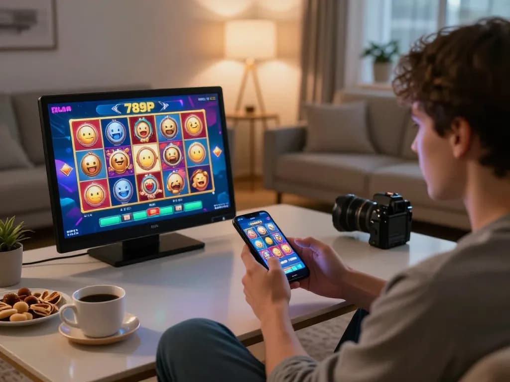 Player engaging with 789P slot machine app on mobile device, celebrating a potential big win in cozy home setting.