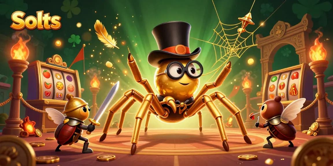 Engage in thrilling Slots with golden tarantulas and brave beetle knights in a dynamic casino scene.