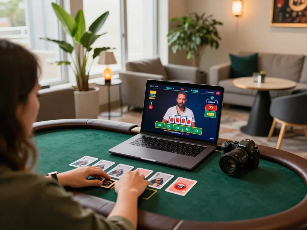 Player betting on FC88 live dealer blackjack in a cozy home setting, engaging online gaming scene.