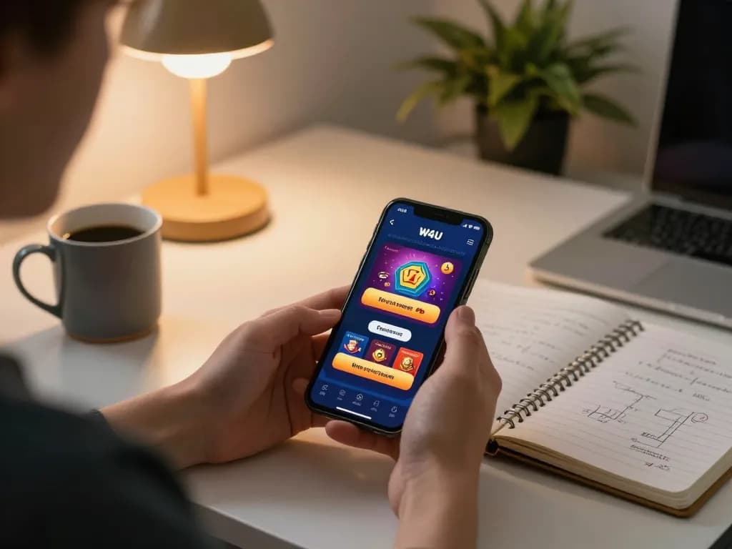 Player engaging with W4U app on smartphone for online casino bonuses in cozy home setting