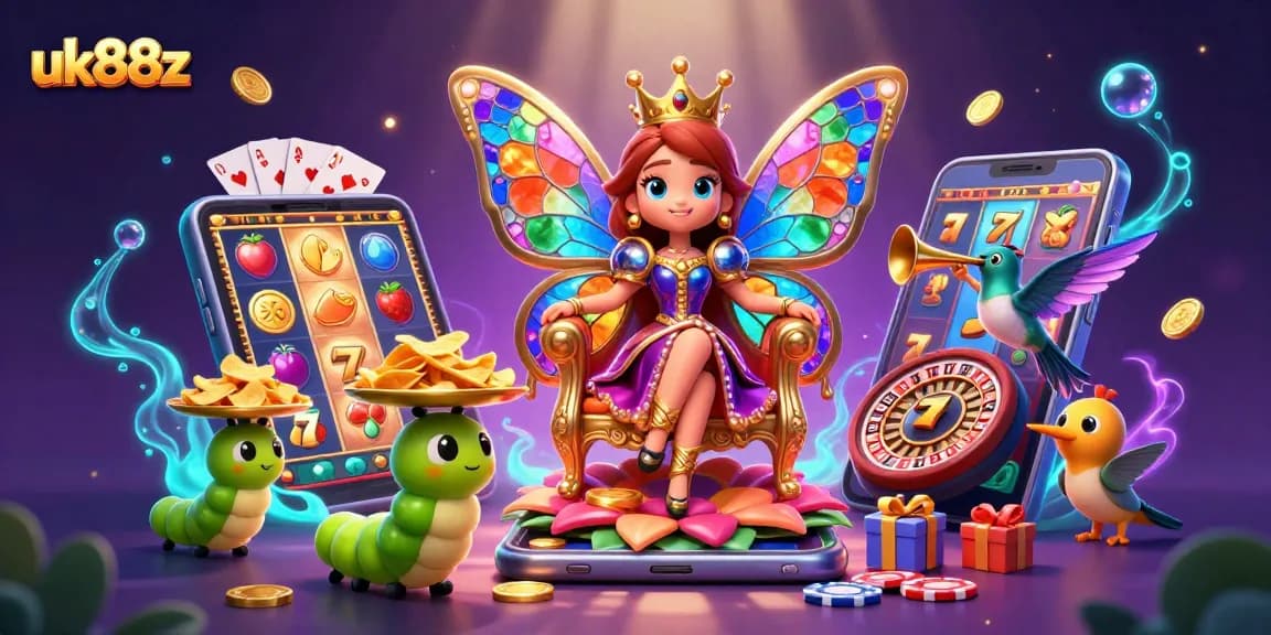 Experience engaging slot games with uk88z amidst vibrant characters and glittering casino elements.