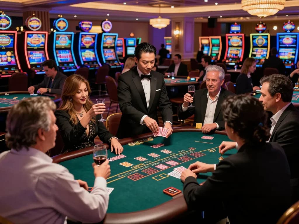 Permainan blackjack yang menarik di kasino foya888 dengan dealer bergaya dan pemain yang bersemangat.