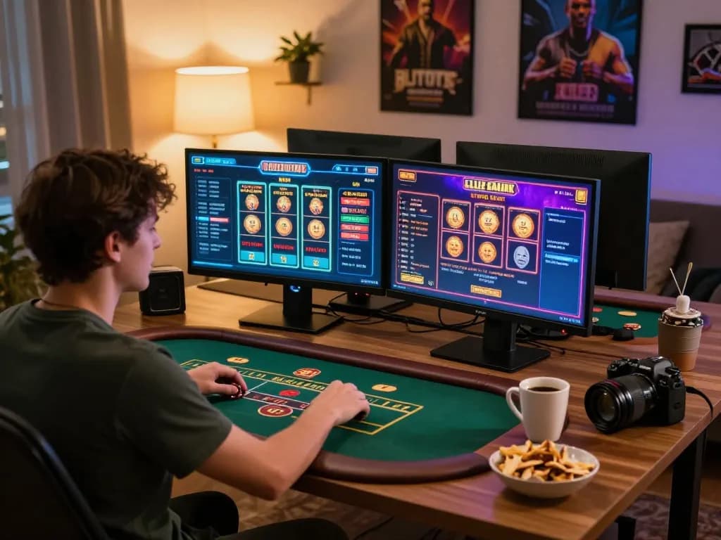 Nego77 player strategizing at home gaming setup with poker screens and snacks