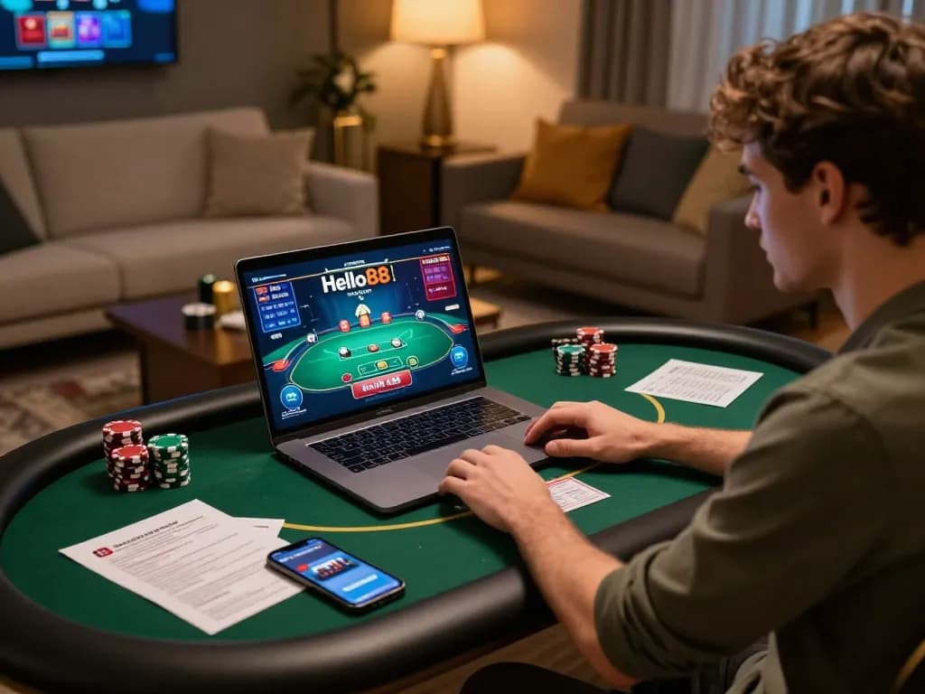Hello88 player engaged in an online poker game at home, showcasing a stylish desk setup with a laptop and smartphone.
