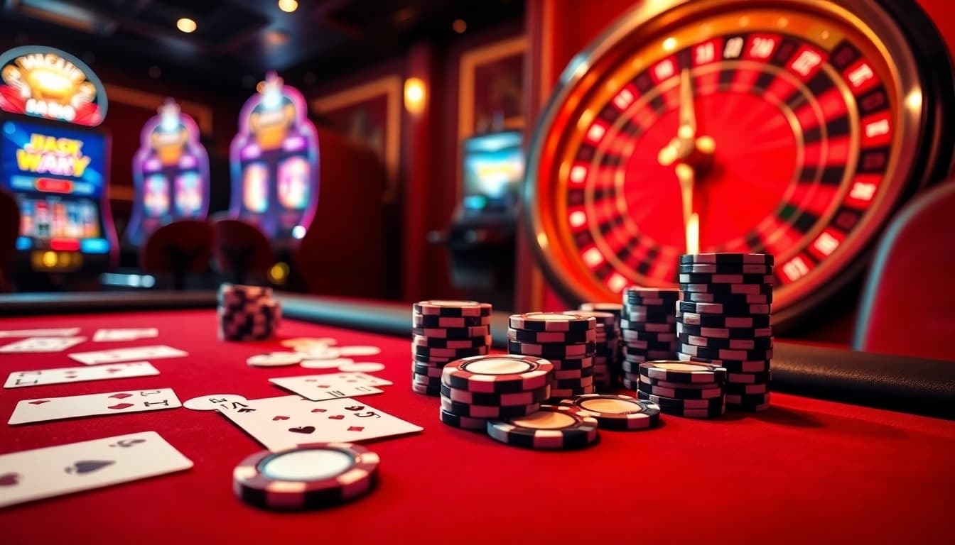 Experience the thrill of gaming at MB66 with an elegant poker table and roulette wheel.