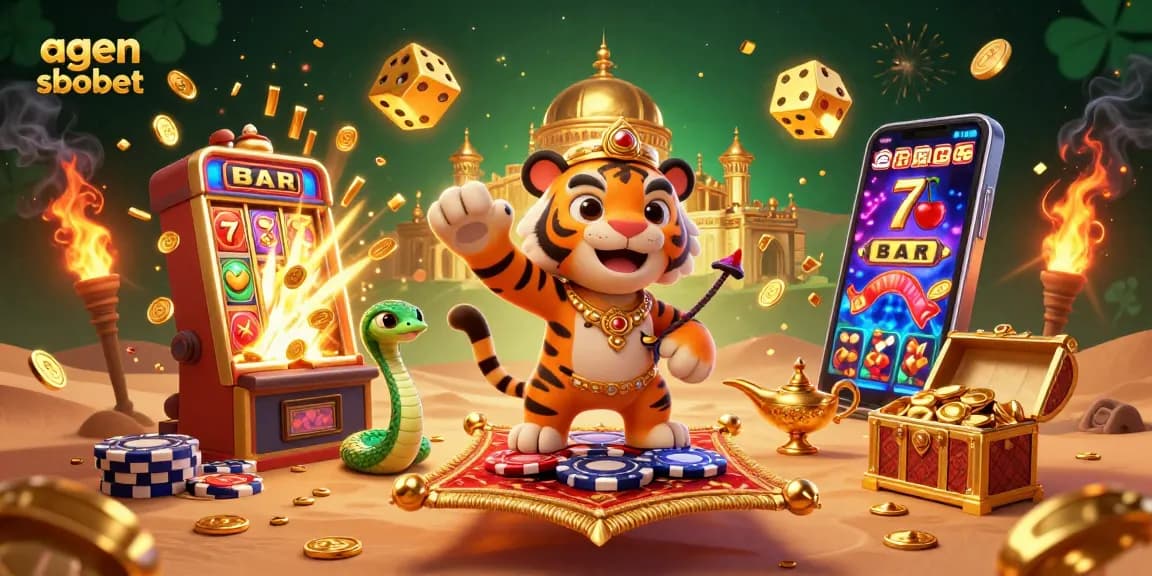 Experience premier betting with agen sbobet in a dazzling casino-themed illustration bursting with action and excitement.