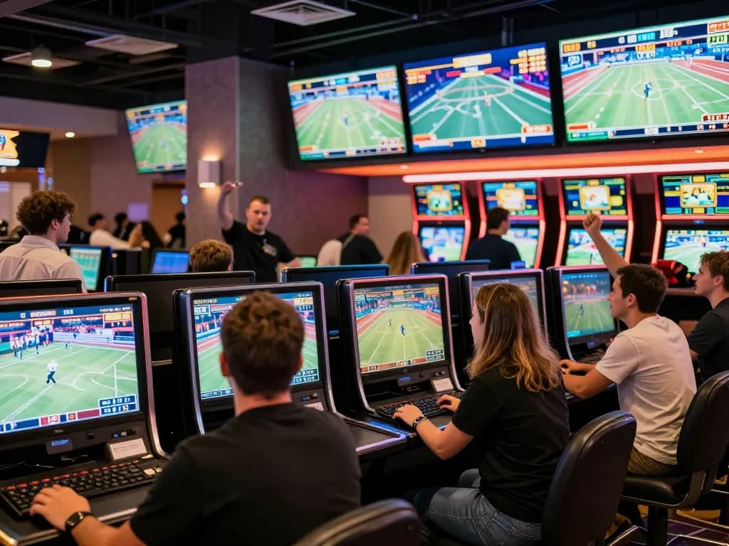Engaged bettors making pragmatic bets in a lively casino sports betting area with exciting displays