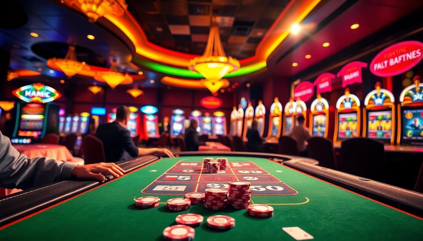 5777 bet login এর জন্য উত্তেজনাপূর্ণ ক্যাসিনো গেমিং পরিবেশের দৃশ্য।