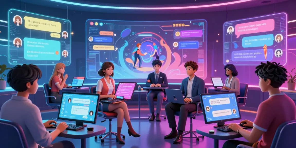 Interactive virtual chatroom showcasing diverse avatars in dynamic conversations around hentai ai.