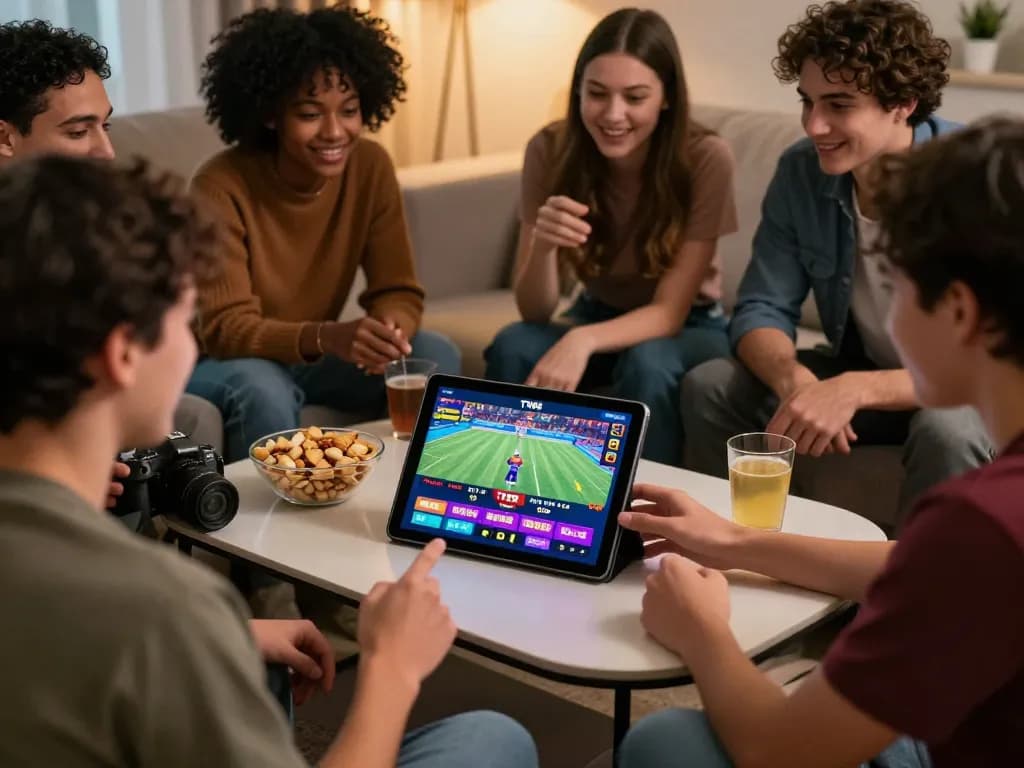 Exciting group of friends using TV88 platform for online betting in a cozy living room.