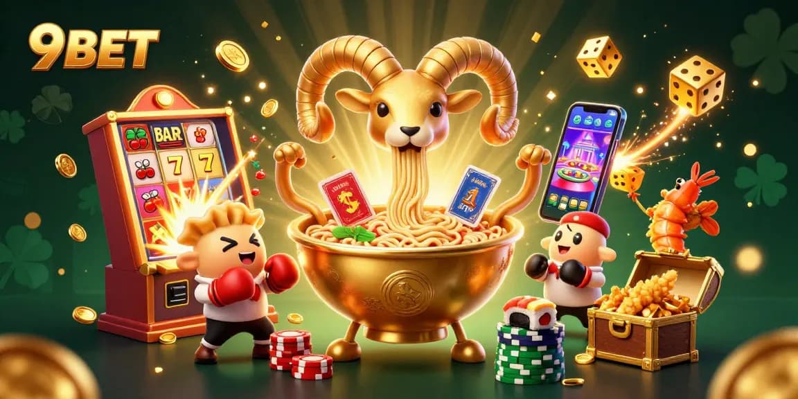 9BET's vibrant casino scene showcases a giant ramen bowl character dominating card games and jackpots.