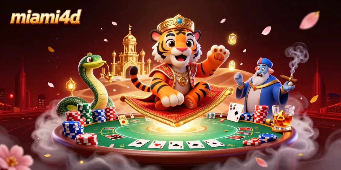 Engage with miami4d in a vibrant Arabian Nights casino scene featuring the tiger sultan and abundant gaming elements.