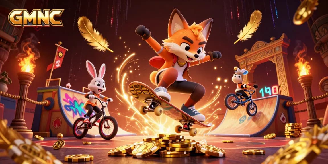 GMNC showcases a dynamic scene with a skateboarder fox and BMX-riding rabbit amidst casino symbols and vibrant energy.