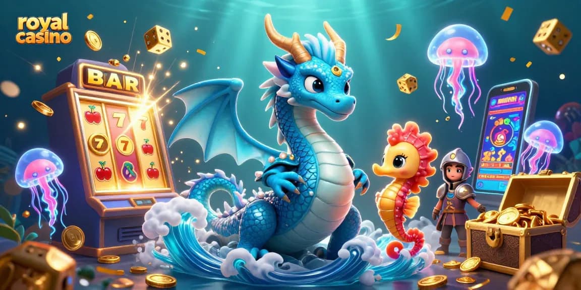 Engage in royal casino with a vibrant underwater scene of a dragon, seahorse knight, and neon jellyfish.