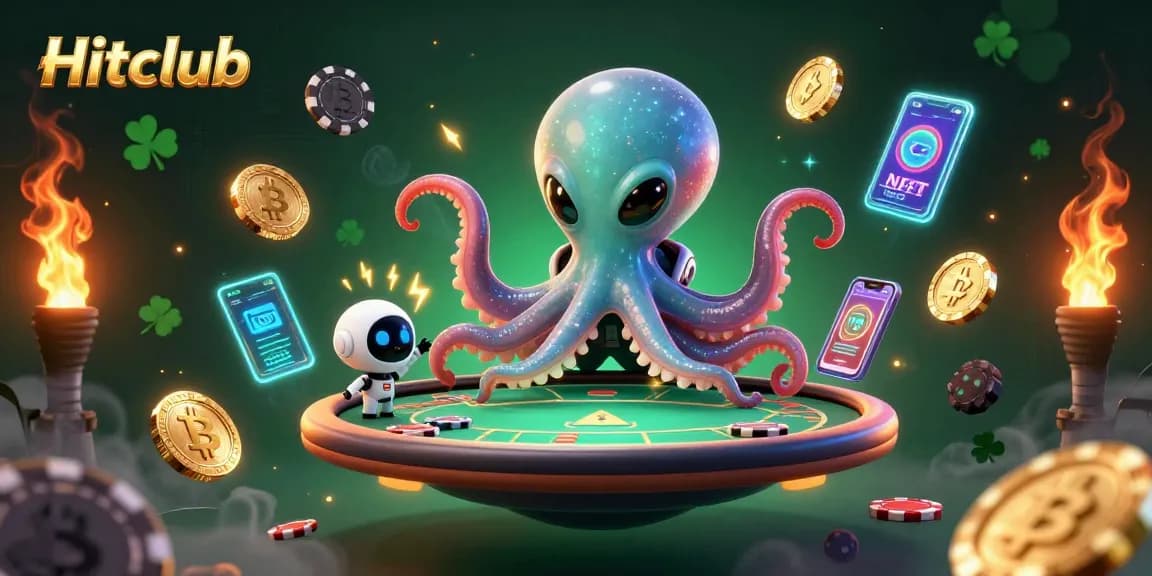 Hitclub alien octopus engaging with poker in a vibrant casino atmosphere, showcasing crypto coins and vivid game elements.