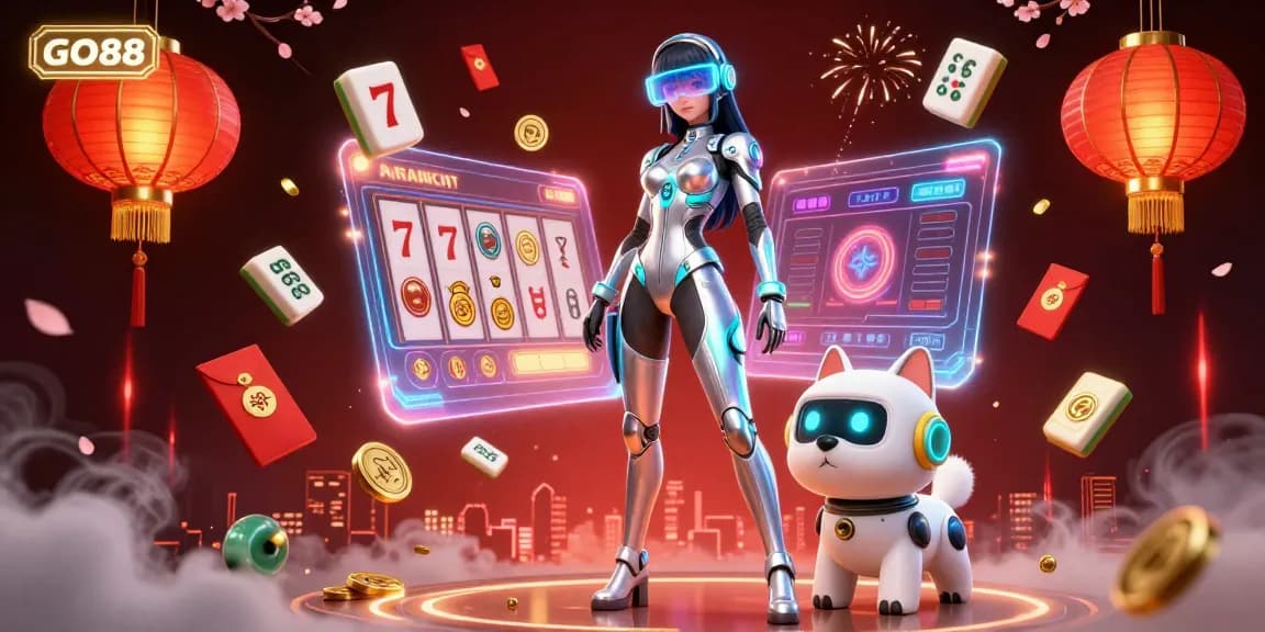 Experience thrilling gameplay at GO88 with a stunning 3D woman and robot dog amidst vibrant casino elements.