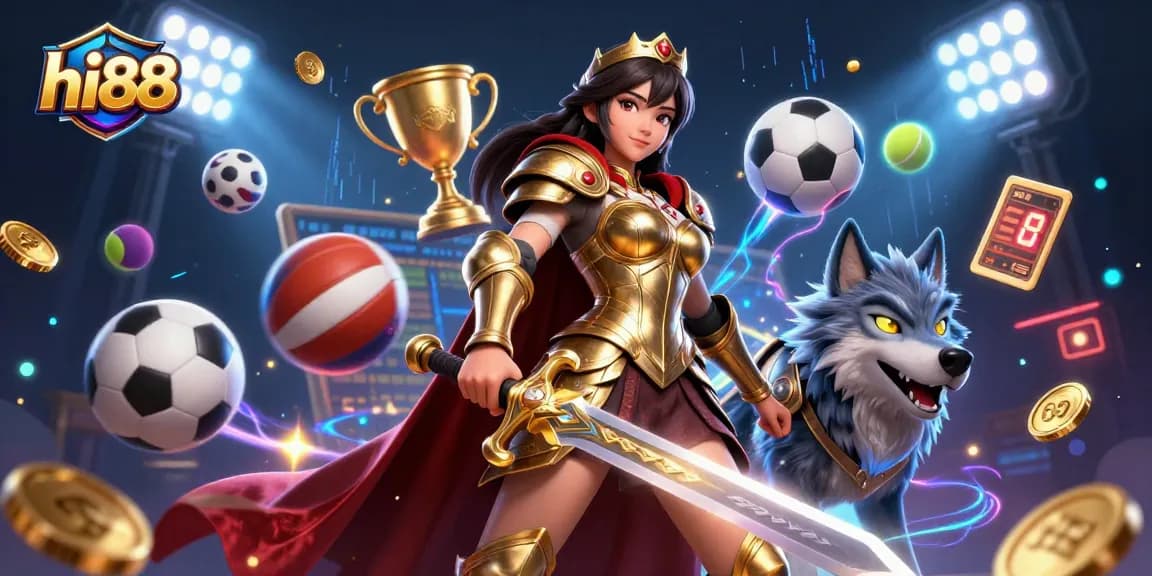 Bet on hi88 with a dynamic illustration showcasing a warrior queen and betting elements in action.