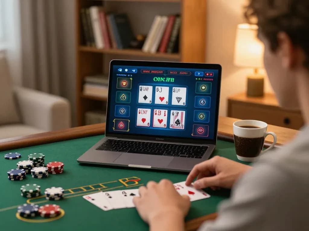Engaging with online blackjack on kkwin.com, showcasing a cozy and strategic home gaming setup.