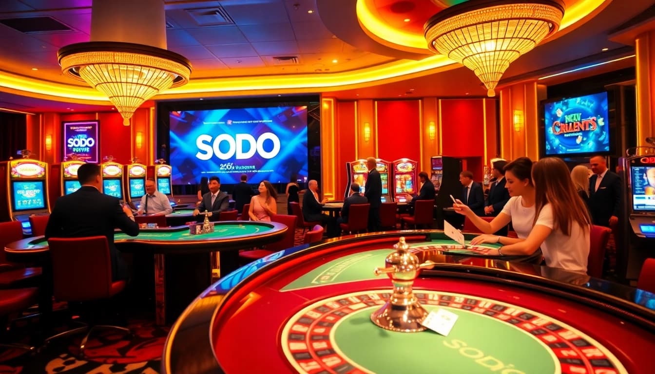 SODO casino scene with excited players at poker tables and vibrant slot machines.
