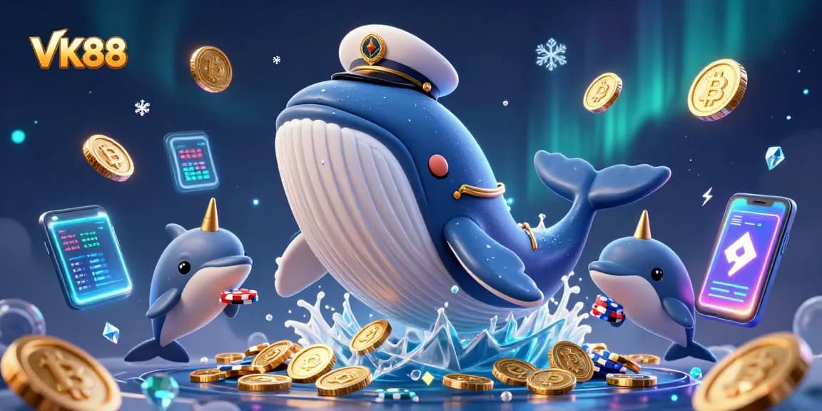 Experience VK88’s casino thrill with a fantastical whale and dolphin, surrounded by crypto coins.