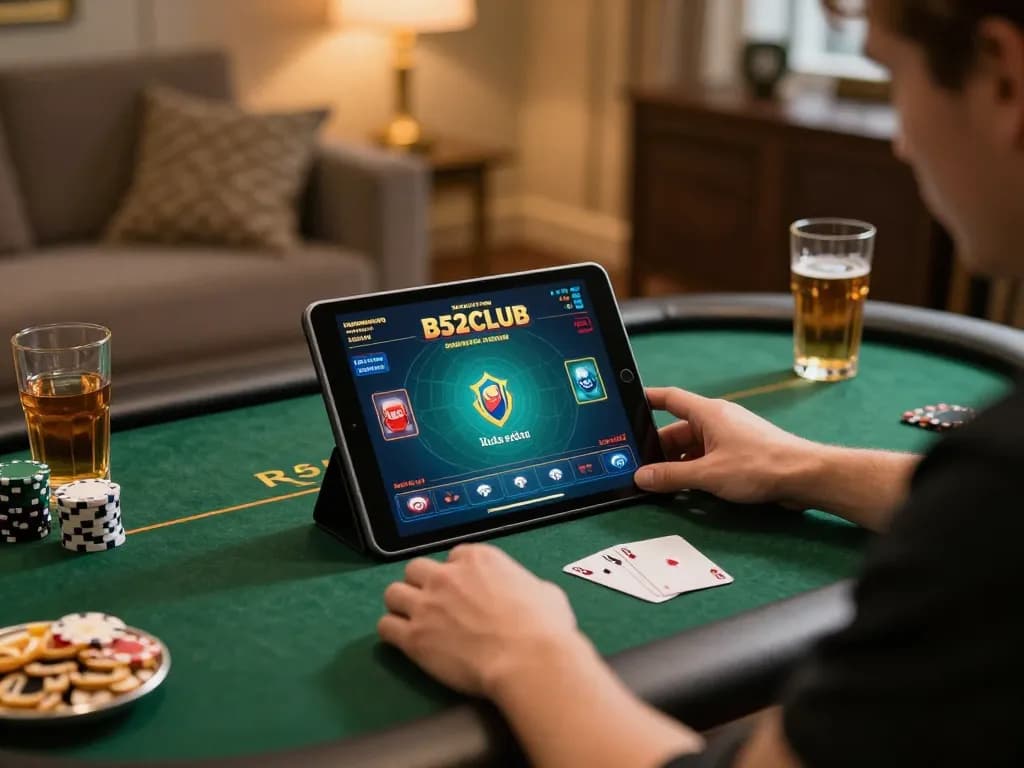 B52club player engaged in a thrilling online poker game at home.