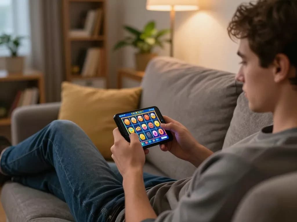 Engaged player using a mobile casino app to explore nhà cái uy tín, showcasing vibrant game graphics and a cozy home setting.