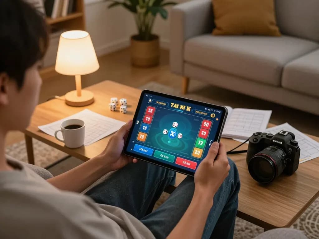 Tài Xỉu online gameplay displayed on a tablet during a cozy home gaming session.
