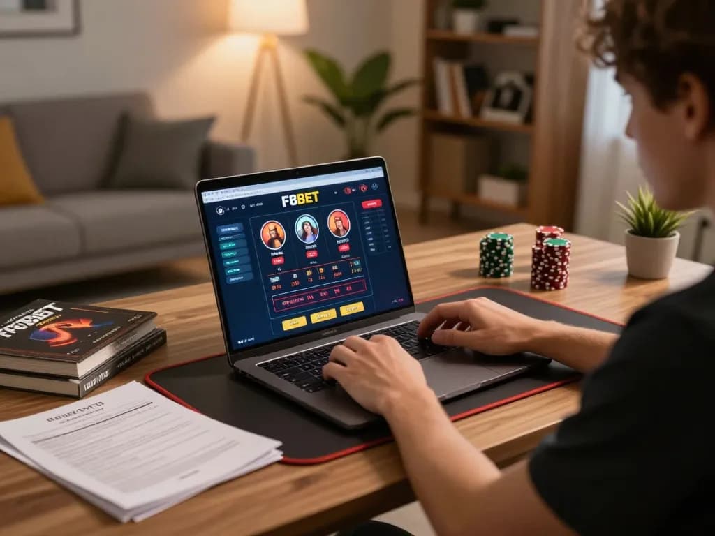 Player engaging with F8BET online casino on laptop, enhancing strategic gameplay.