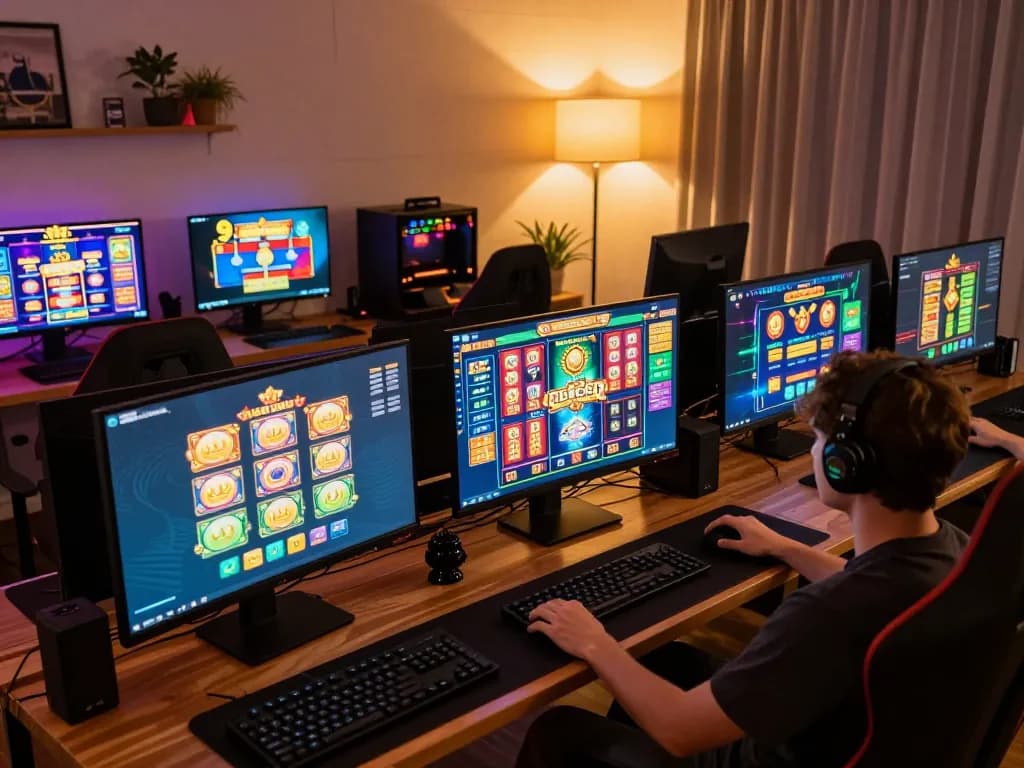 Engaging in slot online gacor at a stylish home gaming setup with multiple screens.