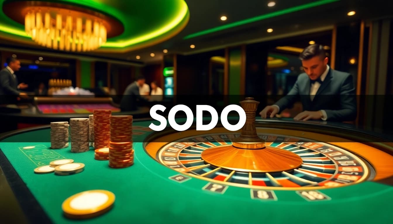 SODO casino scene featuring an elegant roulette wheel and engaged players, showcasing luxury and excitement.