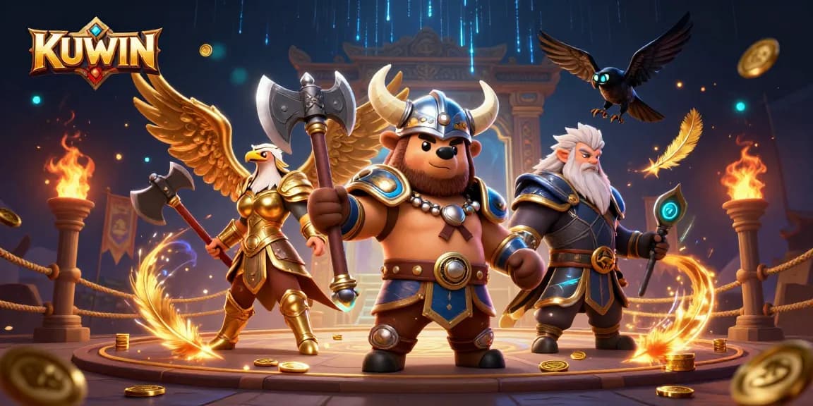 KUWIN offers thrilling action in a vibrant 3D illustration featuring a Viking bear and Valkyrie eagle in an exciting gambling arena.