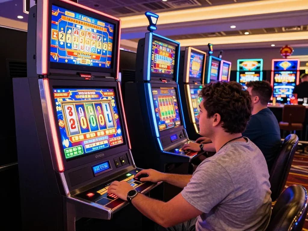 Pemain berinteraksi dengan mesin slot yang meriah, menyoroti ketegangan permainan link gacor di suasana kasino yang hidup.