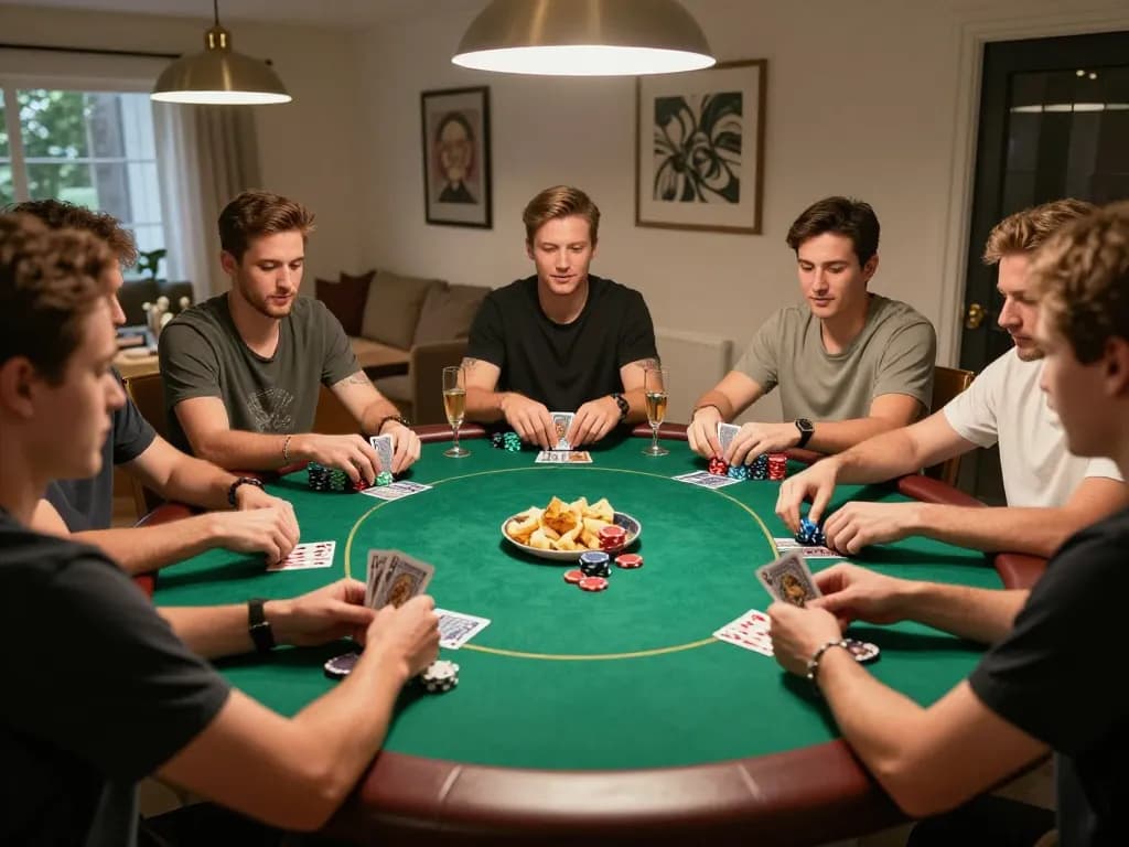 Pemain merencanakan strategi dalam permainan poker santai di rumah dengan setup bintangmpo, chip dan kartu terlihat
