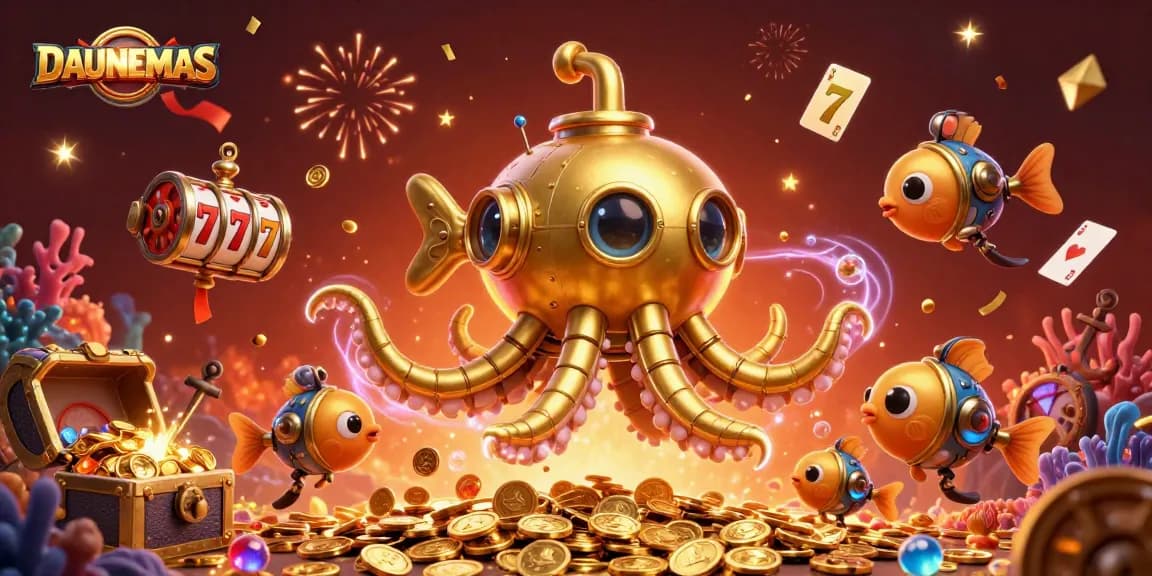 Engage with DAUNEMAS gaming action featuring a golden kraken submarine amidst floating slot reels, gold coins, and celebratory elements.