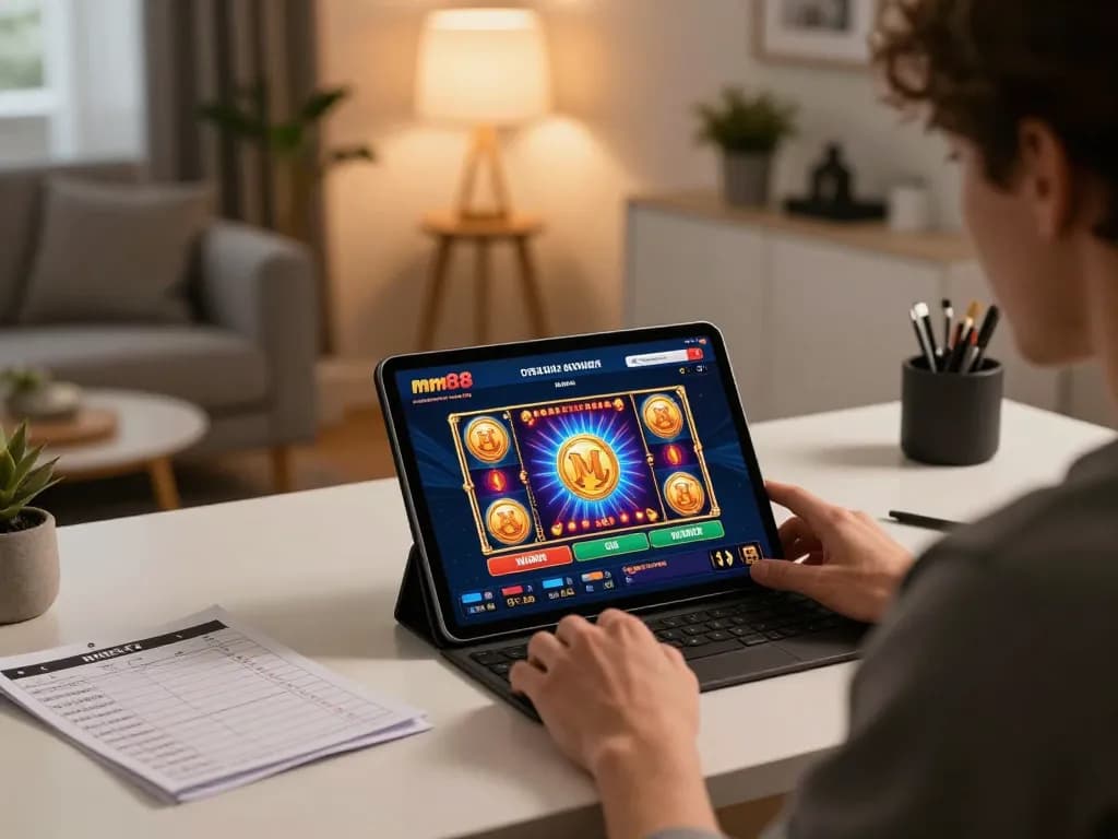 Engaging online gaming experience with mm88 app displayed on tablet, showcasing a vibrant casino atmosphere.