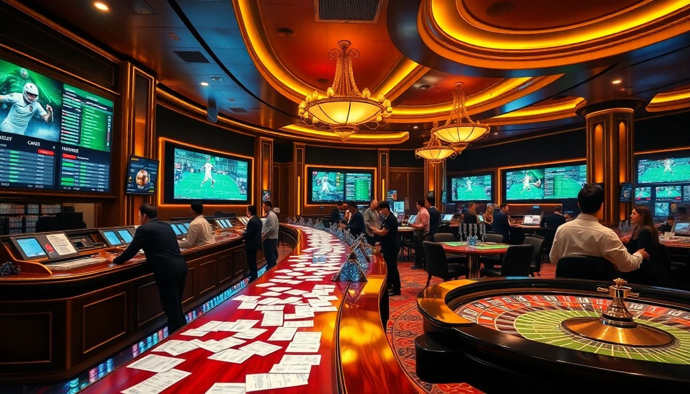 Engaging scene of Judi Bola Resmi with excited gamblers at a vibrant sports betting area.