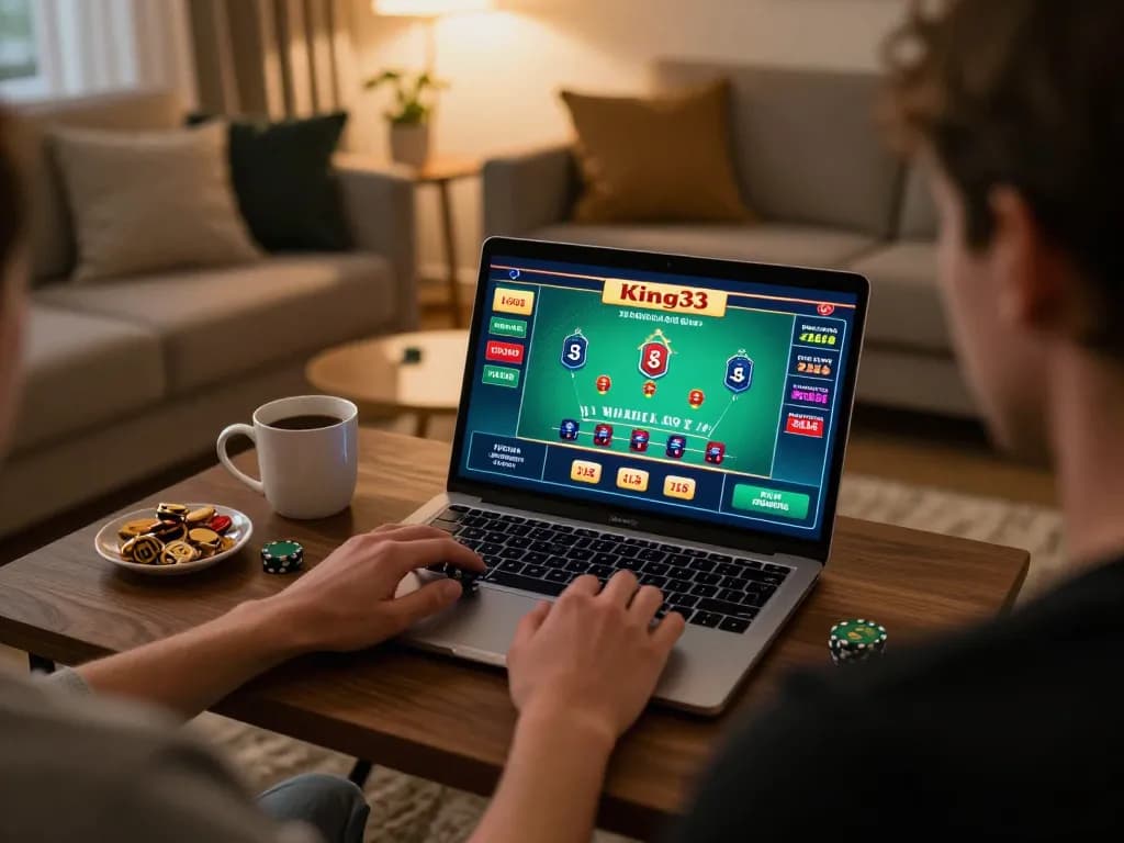 Engaged player enjoying King33 online casino blackjack on a laptop at home, showcasing strategic gameplay and comfortable environment.