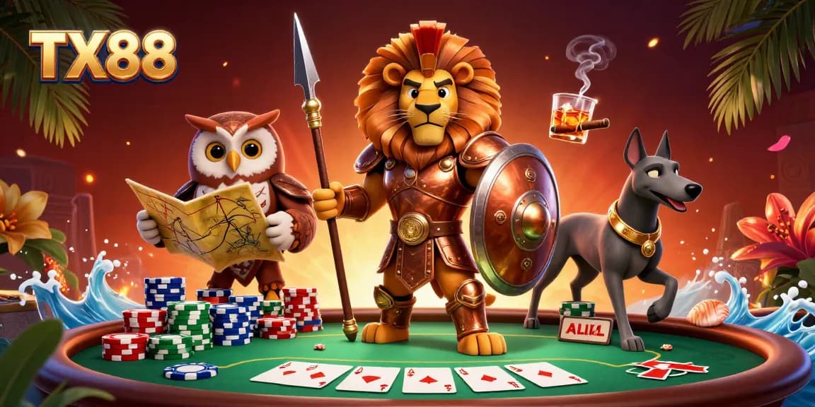 Experience thrilling poker action at TX88 with heroic characters amidst vibrant casino elements.