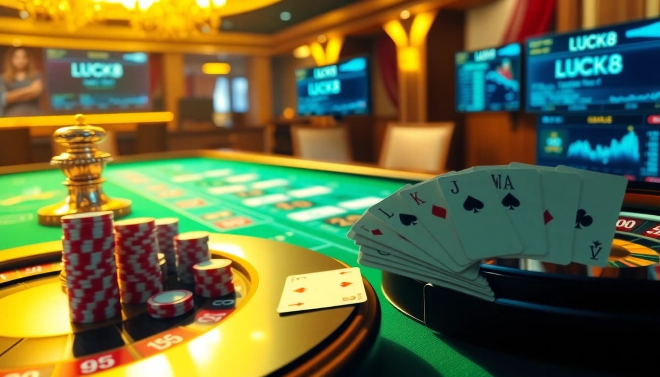 LUCK8 showcases a vibrant casino table with poker chips and cards, embodying high-stakes online gambling.