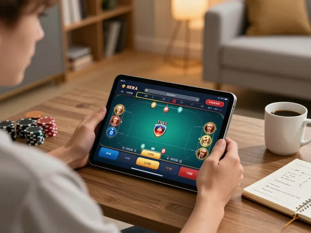 Engaging in online poker via kkwin com tablet in a cozy living room setting.