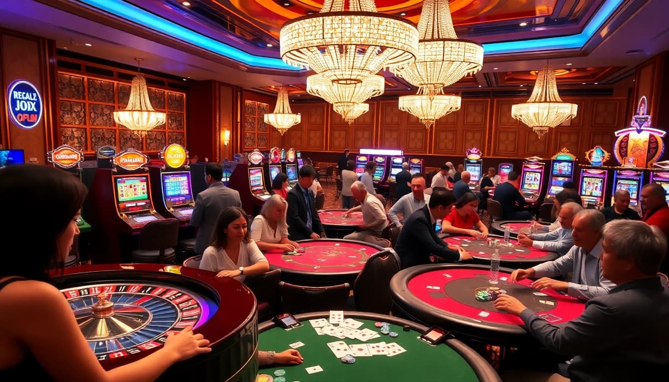 Experience thrilling gambling at OKFUN's vibrant casino with diverse players and engaging games.