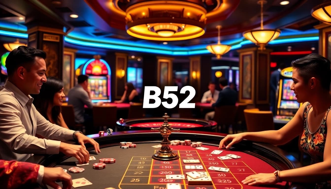 Players enjoying games at B52 casino, showcasing excitement at poker tables and slot machines.