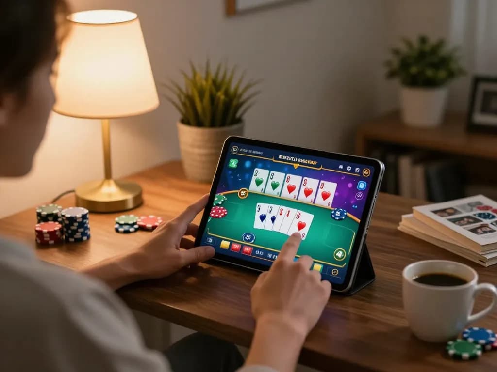 Engaging in an online poker game with 100VIP in a cozy home environment, highlighting the gaming interface and relaxed atmosphere