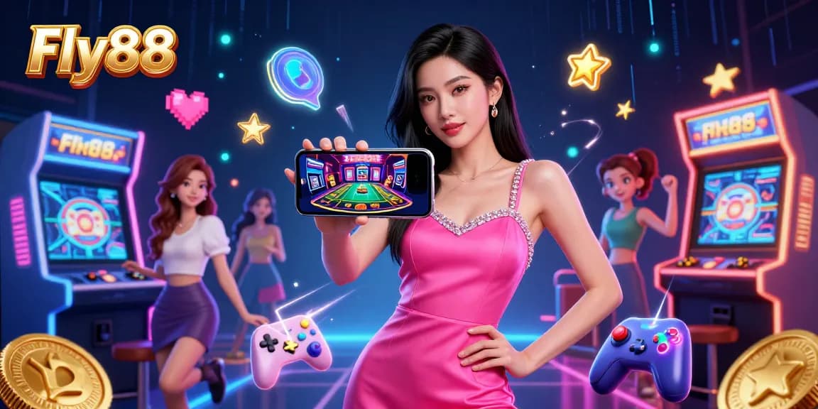 Engage with Fly88's vibrant online casino ambiance featuring a confident player showcasing a live dealer game.