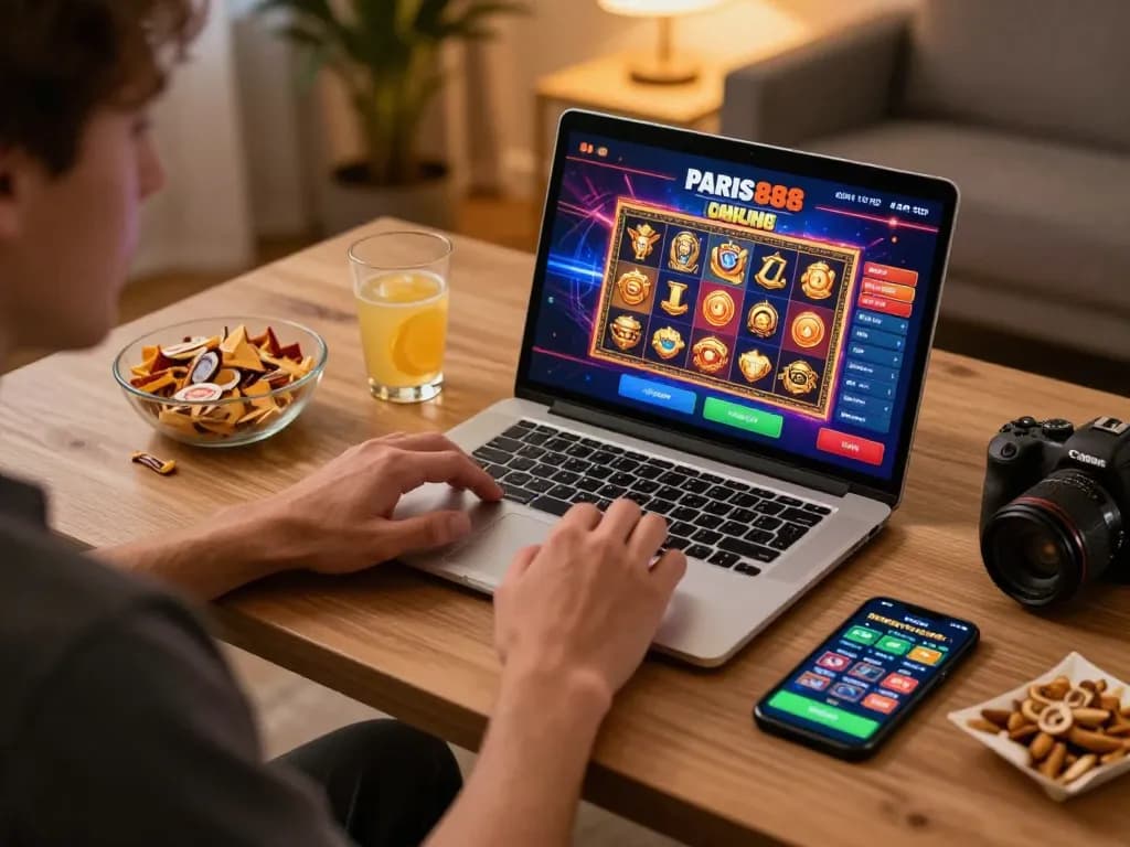 Engaging in thrilling slot gameplay on paris888 online, showcasing a lively home gaming setup.
