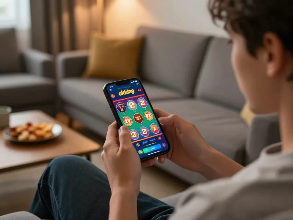 Engaging moment using the okking app for mobile gambling in a cozy home setting.