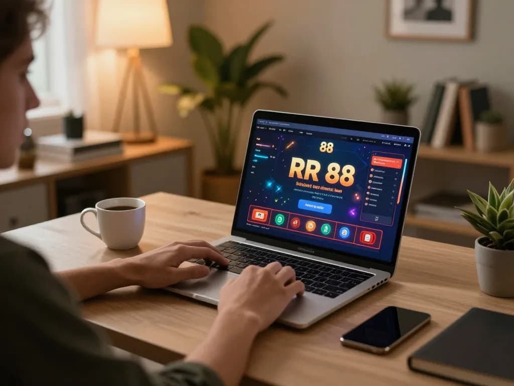 Player engaging with RR 88 online casino platform from a stylish home office