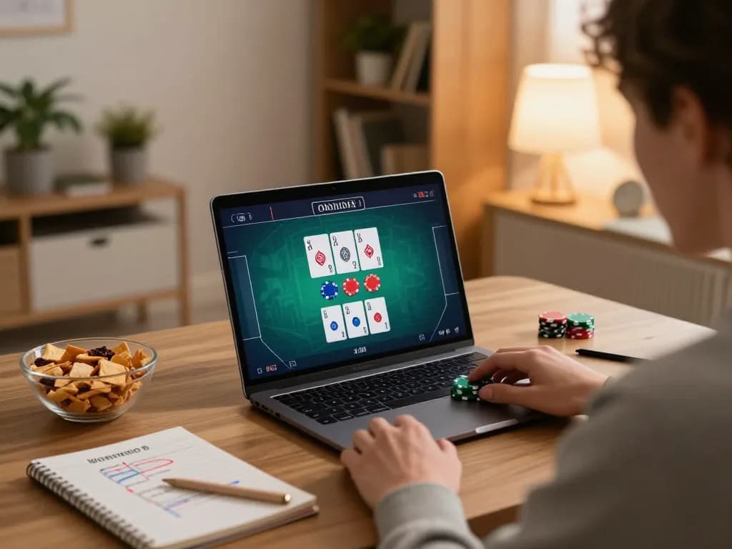 Engaging in an online poker game at home using luck88com, showcasing personal gaming strategies and snacks.